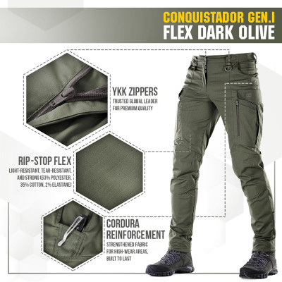 M-Tac Tactical Pants Conquistador Gen I Flex Taktinės kelnės, Army Olive